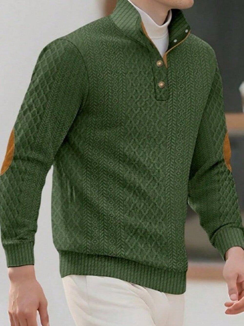 Dark Green Casual Men's Jacquard Rib-Knit Button Front Long Sleeve Top